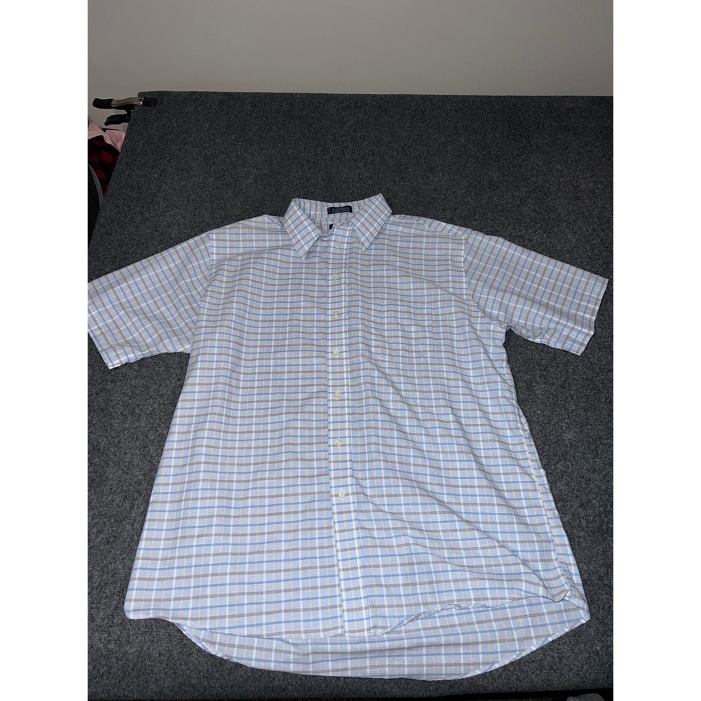 Stafford Mens Blue Plaid Short Sleeve Wrinkle-Free Oxford Shirt Size 17.5
